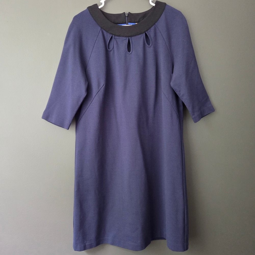 Boden Navy Blue Shift Dress Black Trim Keyhole Neck 3/4 Sleeve US 12L Chic Mod